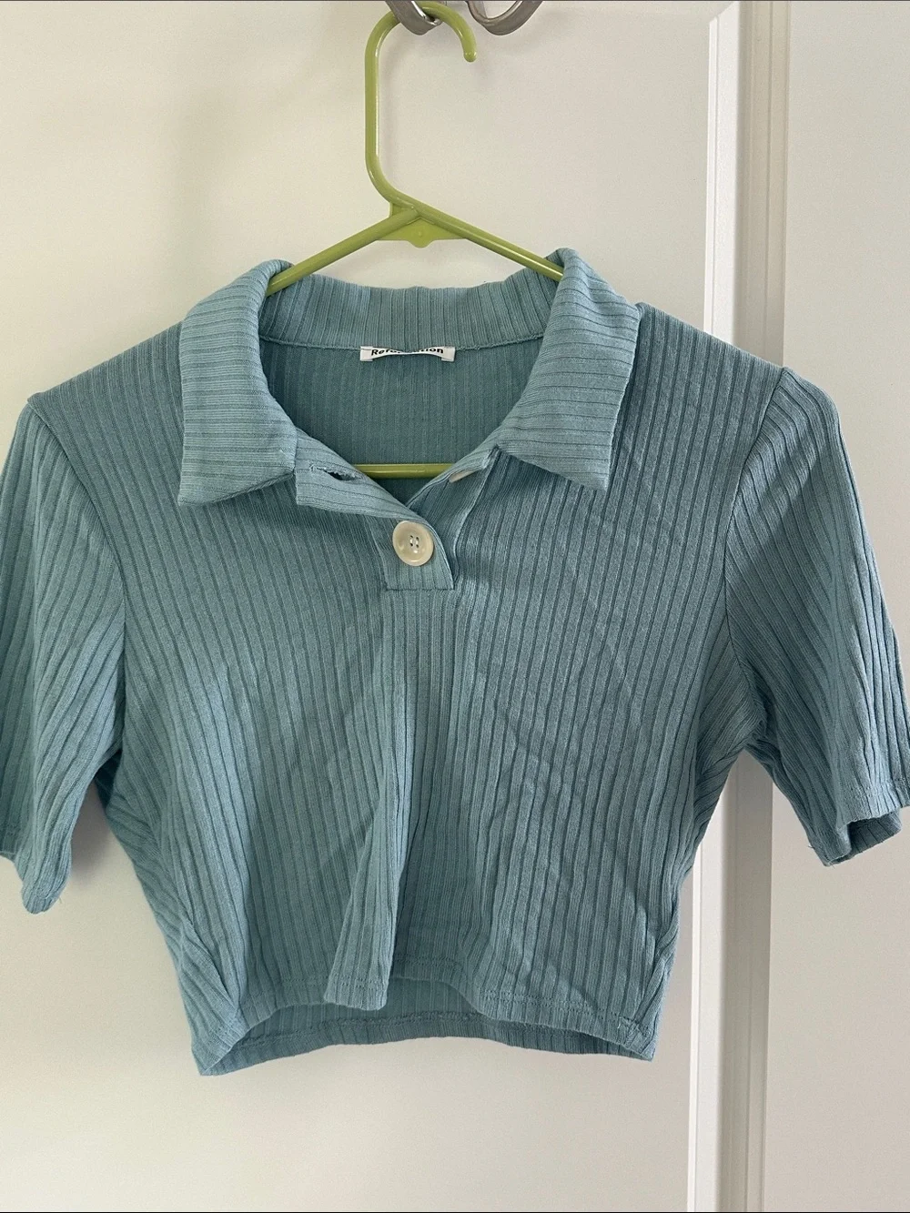 Reformation Ribbed Two-Piece Crop Top & Skirt Set in Light Blue